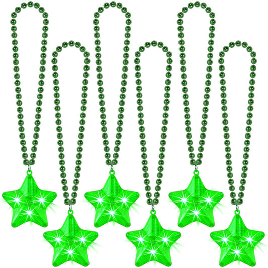 6 Pack Green LED Glow Star Necklace Bulk Beaded Necklaces for Christmas Decorations Mardi Gras Party Favors