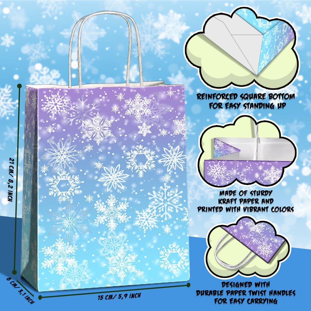 24 Pcs Snowflake Party Favor Bags with Handles - Winter Themed Goodie Gift Candy Kraft Paper Bags for Holiday Birthday Party Supplies Decorations