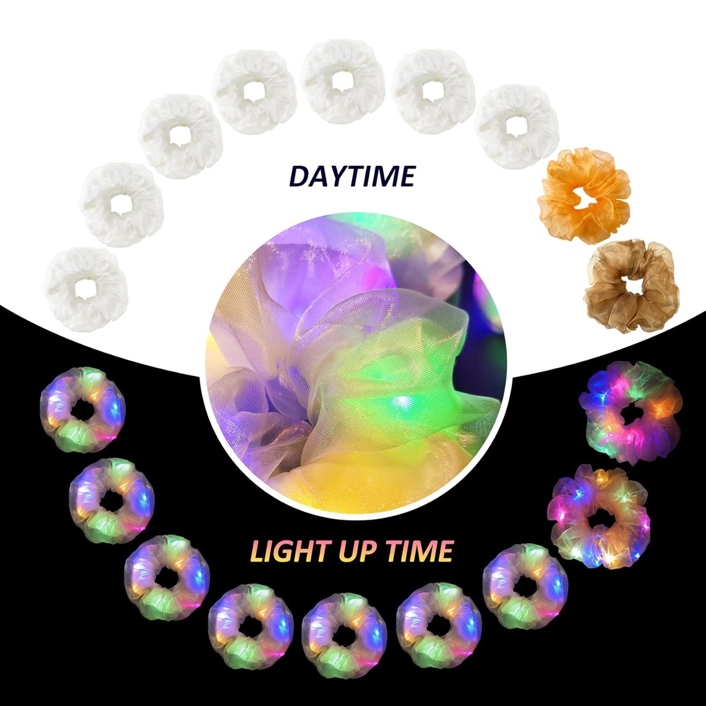 Light Up Scrunchies, Double-layer LED White Scrunchy Fun Hair Ties Glow in the Dark Party Supplies Glow Sticks Party Favor Festival Rave Accessories for Women Neon Party(9PCS-White Set)