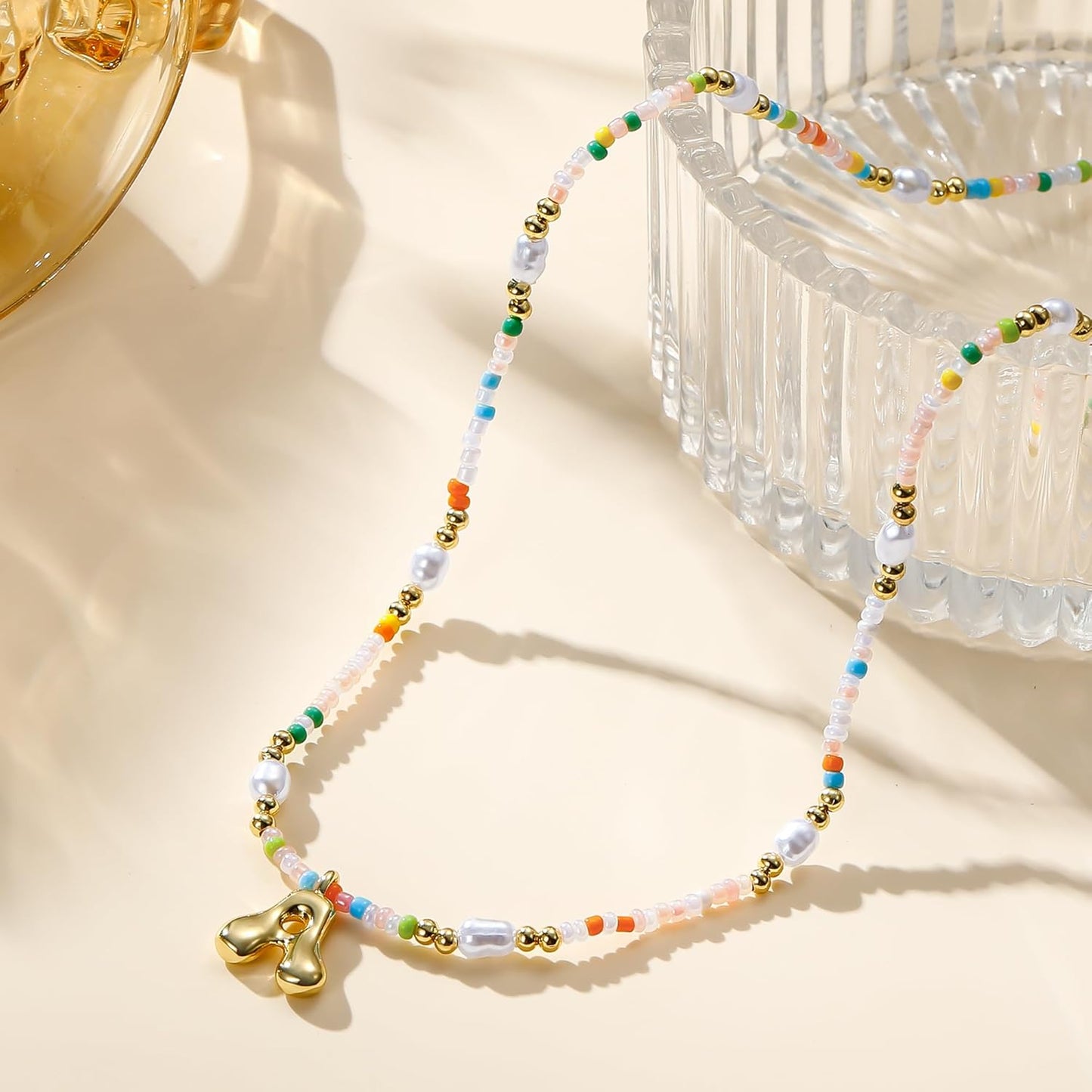 Ritach Initial Necklaces for Women Girls - Christmas Gifts for Grandkids Light Colorful Beaded Pearl Initial Necklace Gold/Silver Bubble Pendant Letter Necklace Stocking Stuffers for Teen Girls Women