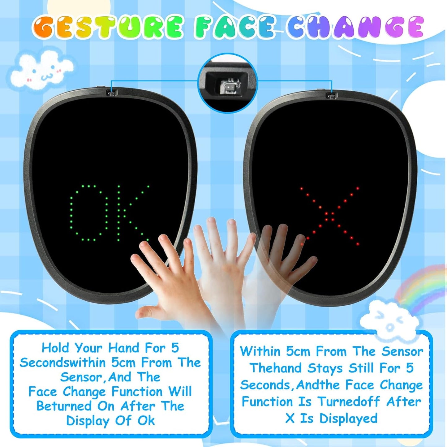 Ompusos LED Mask with Gesture Sensing, Light-Up Transforming Face Cover for Halloween, Christmas, Cosplay & Birthday Parties