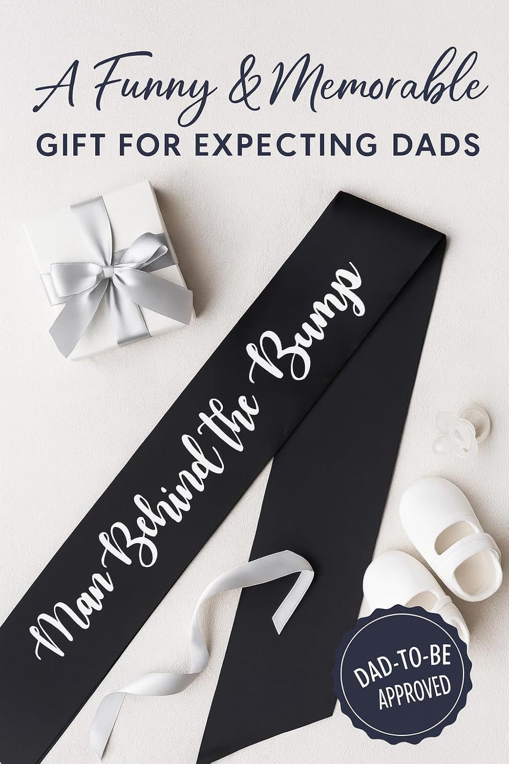 "Man Behind The Bump" Funny Baby Shower Sash for Daddy to Be, Baby Shower Party Decorations Gifts Supplies Dad to Be Baby Gender Reveal Ideas New Father Favors (Black and White)