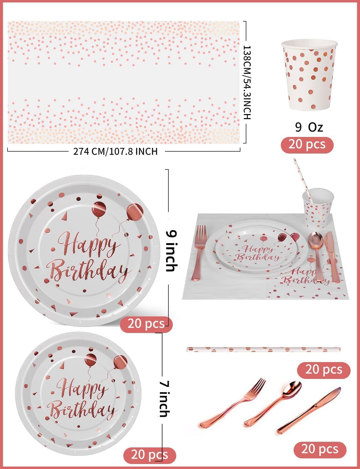 Birthday Party Tableware, 161 Pieces Rosegold Party Supplies, Party Dinnerware Sets Include Paper Plates Napkins Cups Silverware, for Shower Engagement Parties Decoration -20 Serves