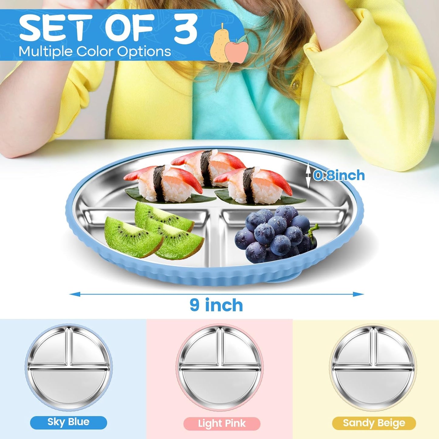 Stainless Steel Kids Plates with Suction, 3Pack 9" Divided Toddler Plates Removable Non Slip Silicone Sleeves Baby Feeding Led Weaning Supplies, BPA Free, Unbreakable Dishwasher Safe