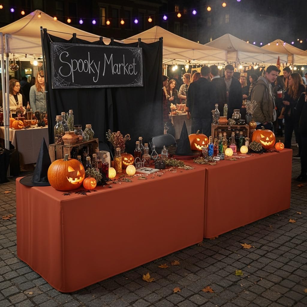 HolidayIdeas 2 Pack Fitted Thanksgiving Tablecloth for 4ft Tables, Rust Table Cover for Holiday Dinner & Buffet, Wrinkle-Resistant Fall Party Decorations for The Home