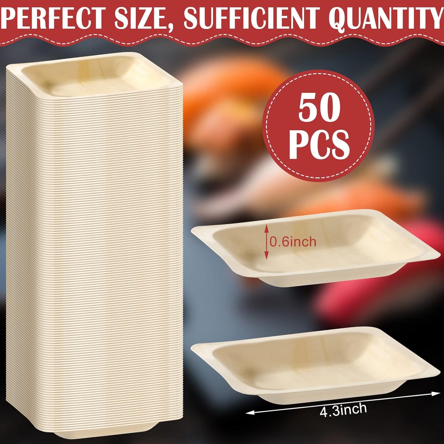 Disposable Square Palm Bowls Palm Leaf Bowls Bamboo Disposable Plates Square Wood Plates for Birthday Party, Wedding Events, Appetizer, Dessert, Catering and Home Use (50, 3.94x3.94x0.6 Inch)