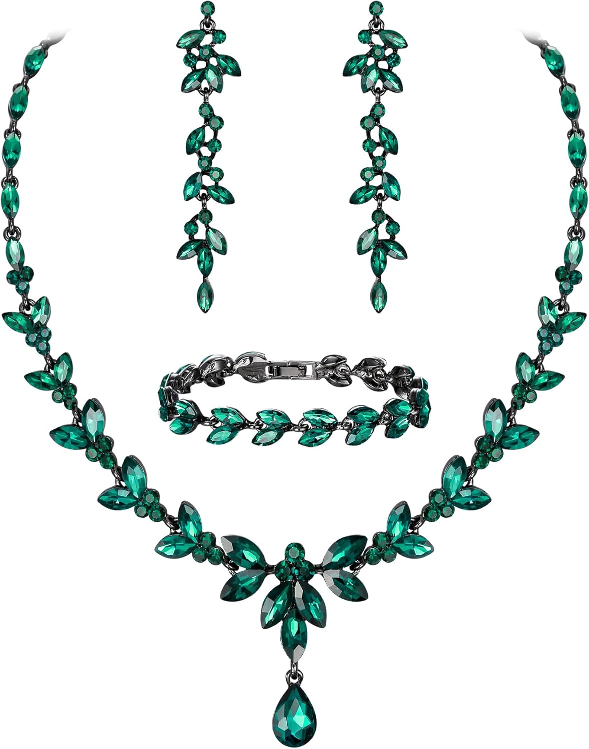 EVER FAITH Austrian Crystal Bridal Bridesmaid Jewelry Sets, Elegant Marquise Rhinestone Leaf Necklace Dangle Earrings Tennis Bracelet Set for Women