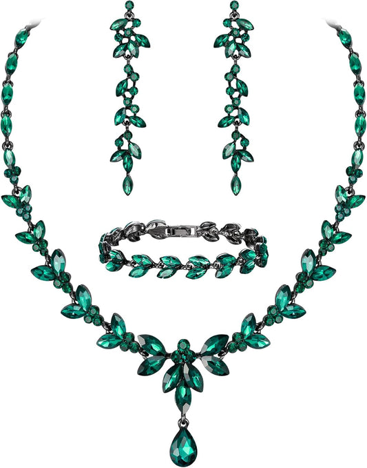 EVER FAITH Austrian Crystal Bridal Bridesmaid Jewelry Sets, Elegant Marquise Rhinestone Leaf Necklace Dangle Earrings Tennis Bracelet Set for Women