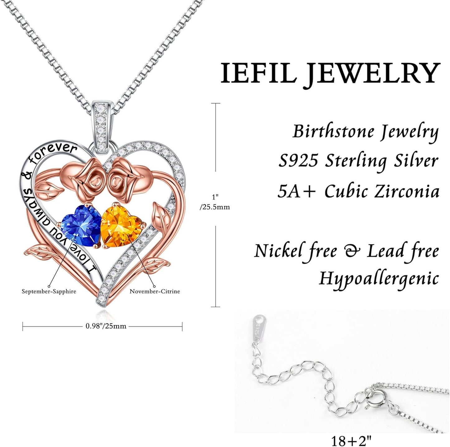 Iefil Rose Heart Double Birthstone Necklace Gifts for Wife Her Mom Women, Birthstone Jewelry Gemstone Birthday Gifts for Girlfriend Grandma Her Wife Women