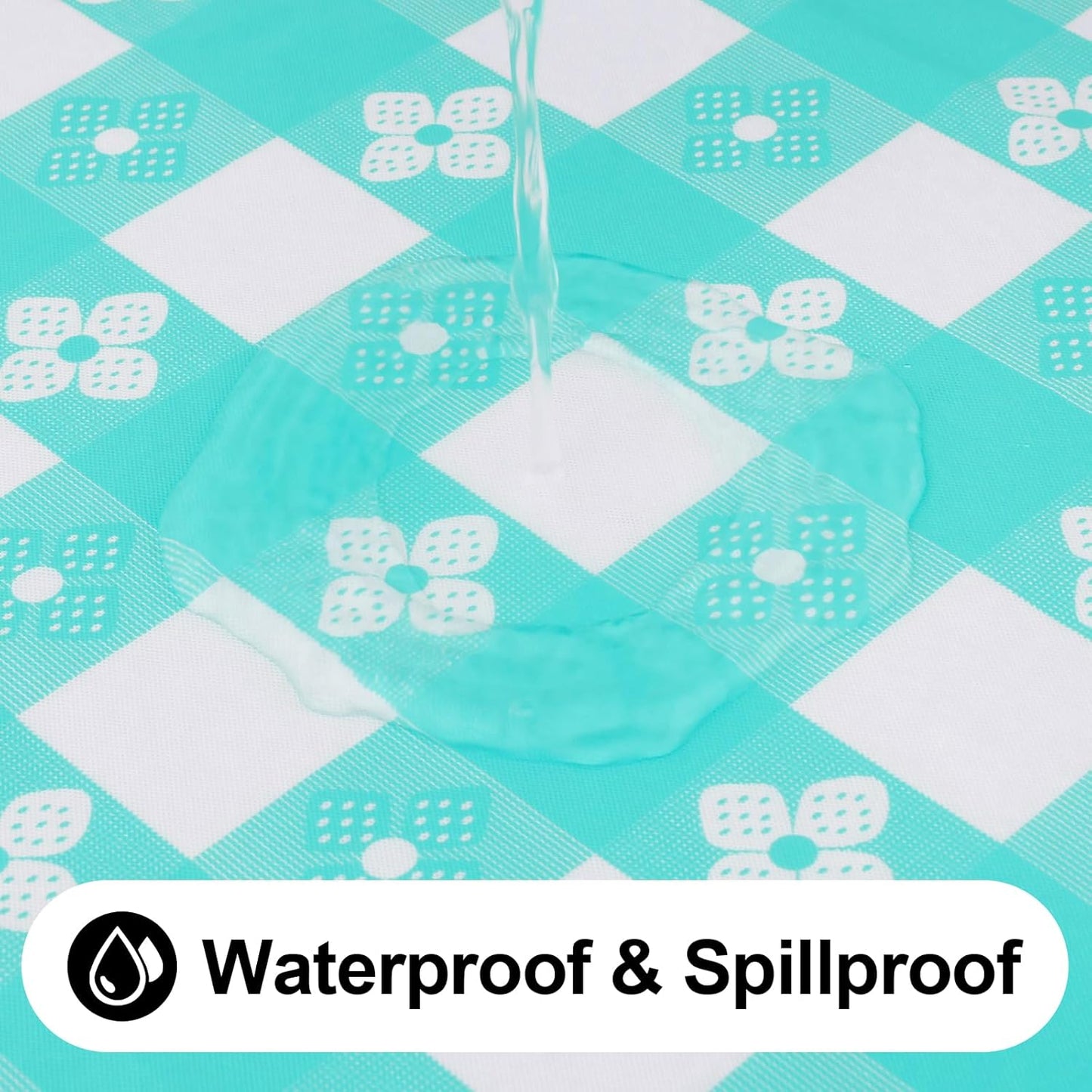 Rectangle Vinyl Table Cloth, Waterproof Elastic Fitted Tablecloth with Flannel Backing, Plastic Table Cover for Picnic, Camping, Outdoor (White & Teal, 30"x60")