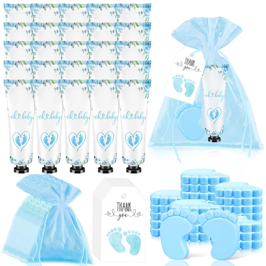 25 Sets Baby Shower Favors for Guests Hand Cream Baby Feet Scented Soap Party Favors Blue Baby Shower Guests Gifts with Organza Bags and Thanks Tags for Baby Shower Wedding Party