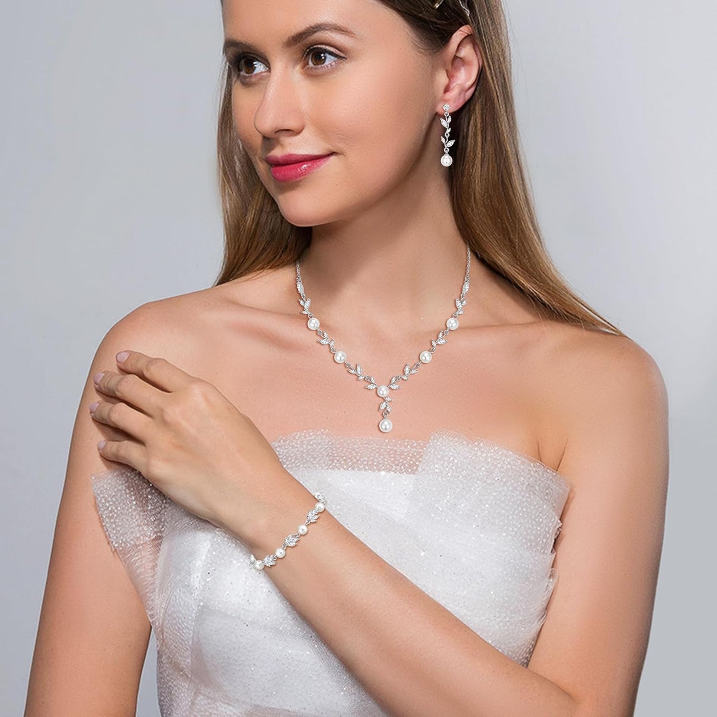 EleQueen Women's Simulated Pearl Wedding Jewelry Set, Cubic Zirconia Marquise Floral Bridal Necklace Earrings Bracelet Sets