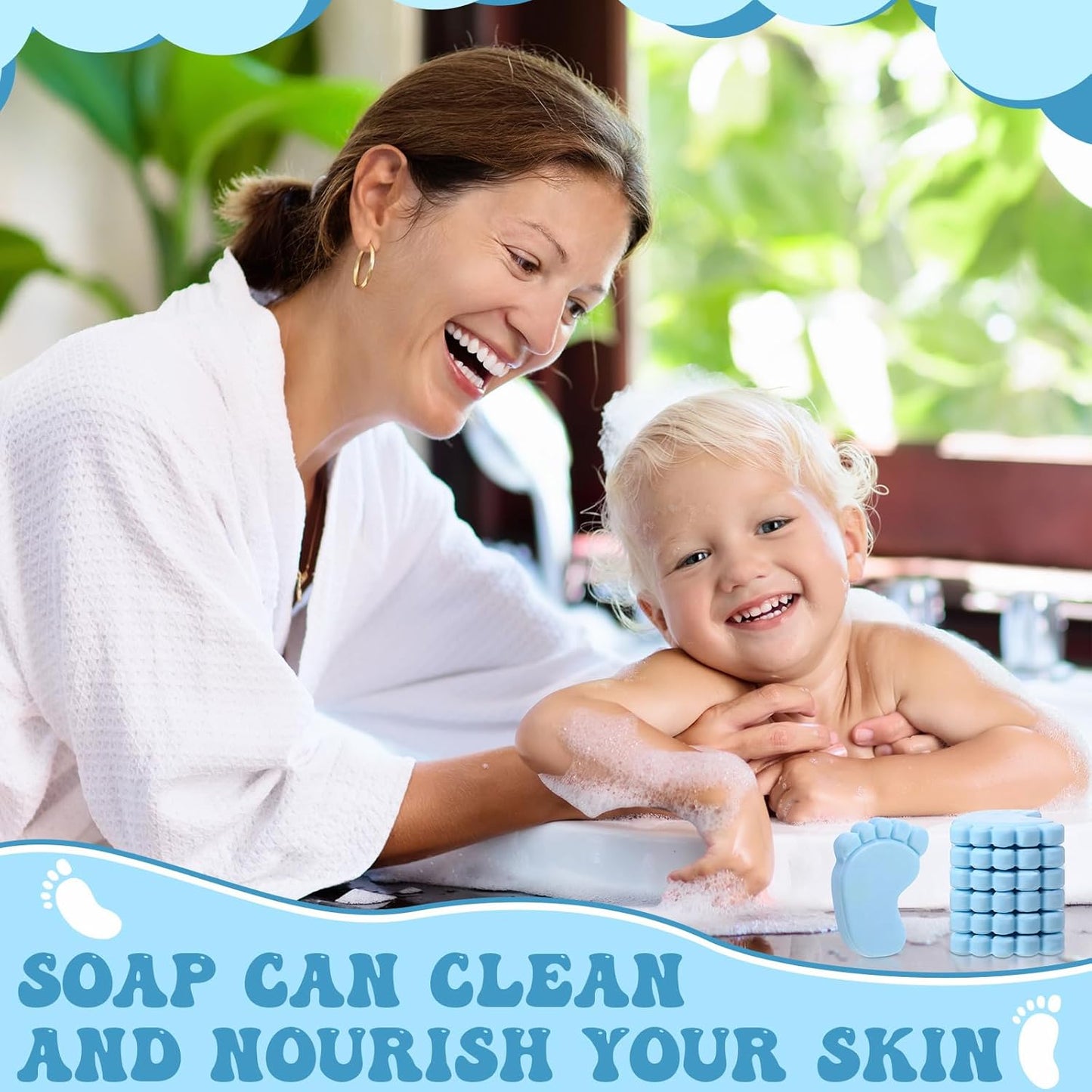 50 Sets Baby Shower Favors Handmade Baby Feet Scented Soap Party Favors for Guests Gifts with Organza Bags and Thanks Tags Wedding Party(Blue)