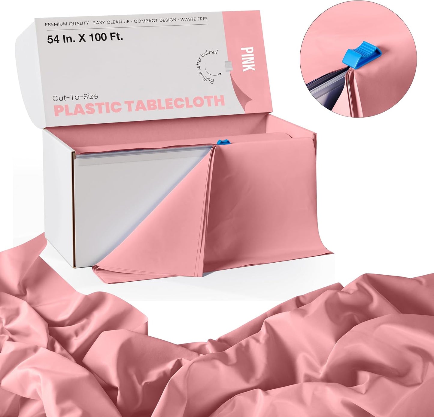 Party Solids 54 Inch X 100 Feet Pink Plastic Table Cover Roll in A Cut - to - Size Box with Convenient Slide Cutter. Cuts Up to 12 Rectangle 8 Feet Plastic Disposable Tablecloths