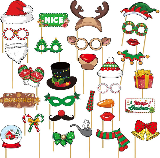 Christmas Photo Booth Props, 30Pcs Christmas Party Photo Shoot Props for Kids Adults for Xmas Holiday Party Photobooth Props Supplies