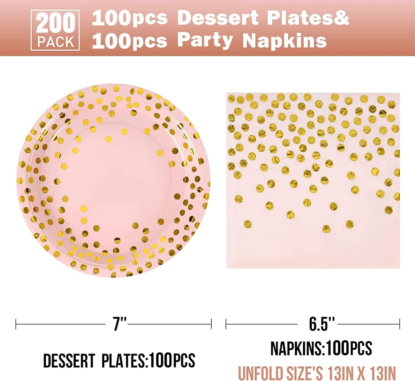 Pink and Gold Paper Plates and Napkins Set-200Pcs-100 x 7" Disposable Plates & 100 x 6.5 Napkins,Disposable Pink Paper Plates and Napkins Party Supplies for Baby Showers,Birthdays
