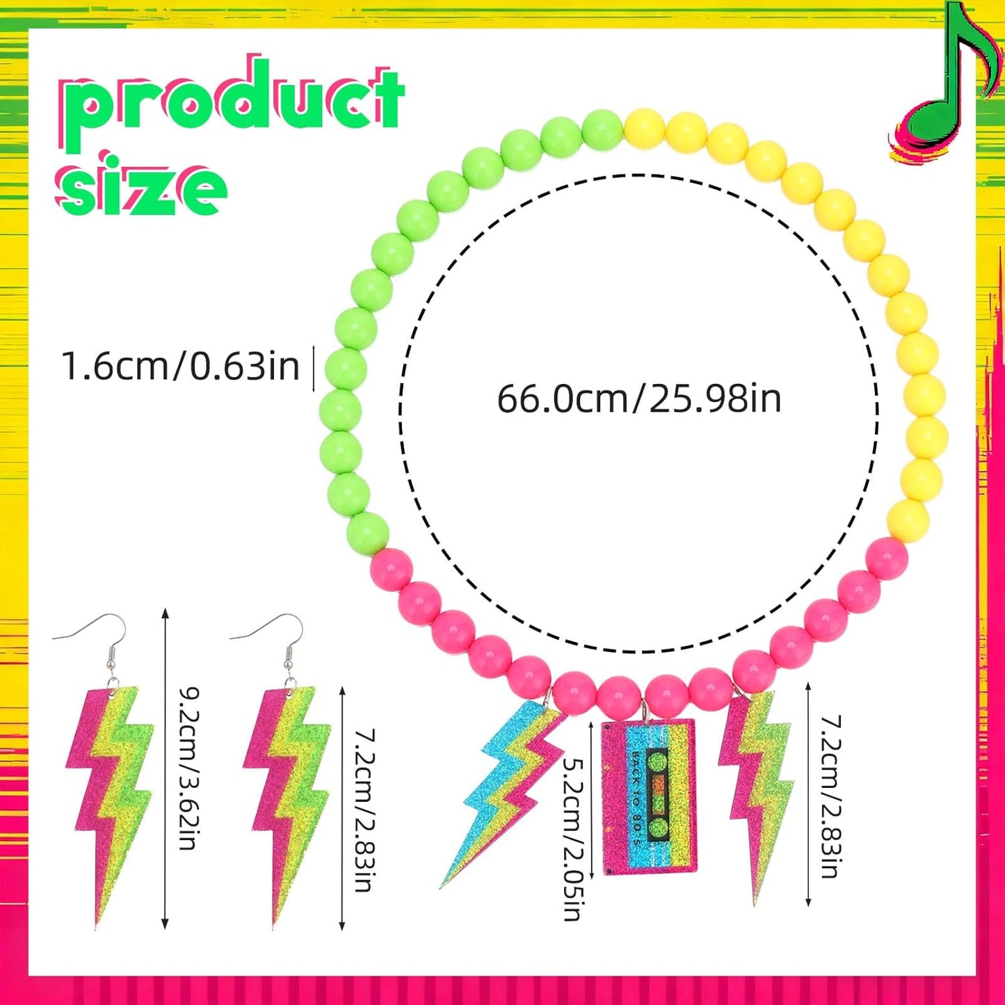 80s Outfits Costume Accessories for Women 80s Necklace Neon Beaded Necklaces for Glow Party Beads Necklaces with Lightning Earrings Tape Neon Jewelry Set for Women 80's Party Favors Decorations