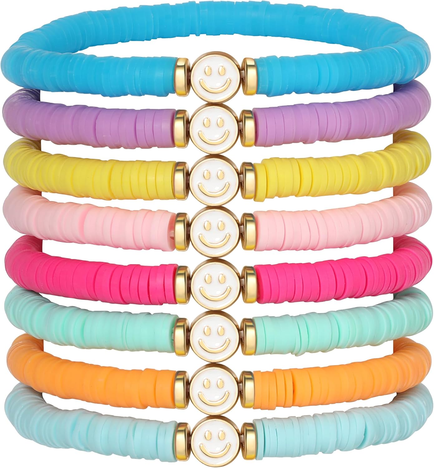 Preppy Bracelets Set Colorful White Gold Smile Heart Star Polymer Beaded Pearl Clay Stackable Charm Y2K Kidcore Aesthetic Summer Beach Bohemian Stretch Layering Bracelets Jewelry for Girls Women Teens