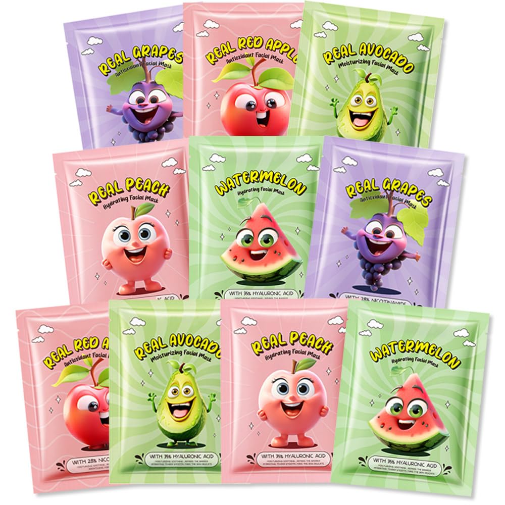 Kaely 10 Pack Fruit Face Masks for Kids, Kids Face Mask Spa Day Kit Supplies, Spa Party Favors for Teens Girls Women, Sheet Facial Mask Skincare Gifts Set, Moisturize Soothe for All Skin Types, 04