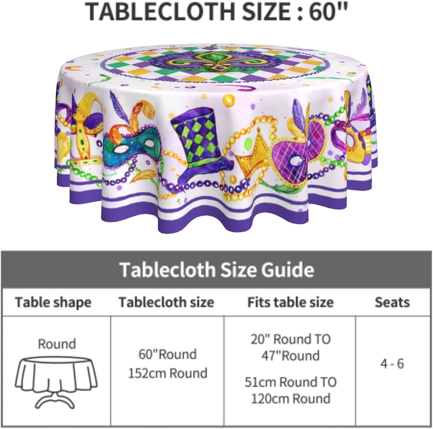 Giwawa Mardi Gras Round Tablecloth 60Inch, Carnival Festival Masquerade Party Celebration Table Cover, Mask Beaded Feather Checkered Table Cloth Washable for Kitchen Dining Holiday Picnic Decor