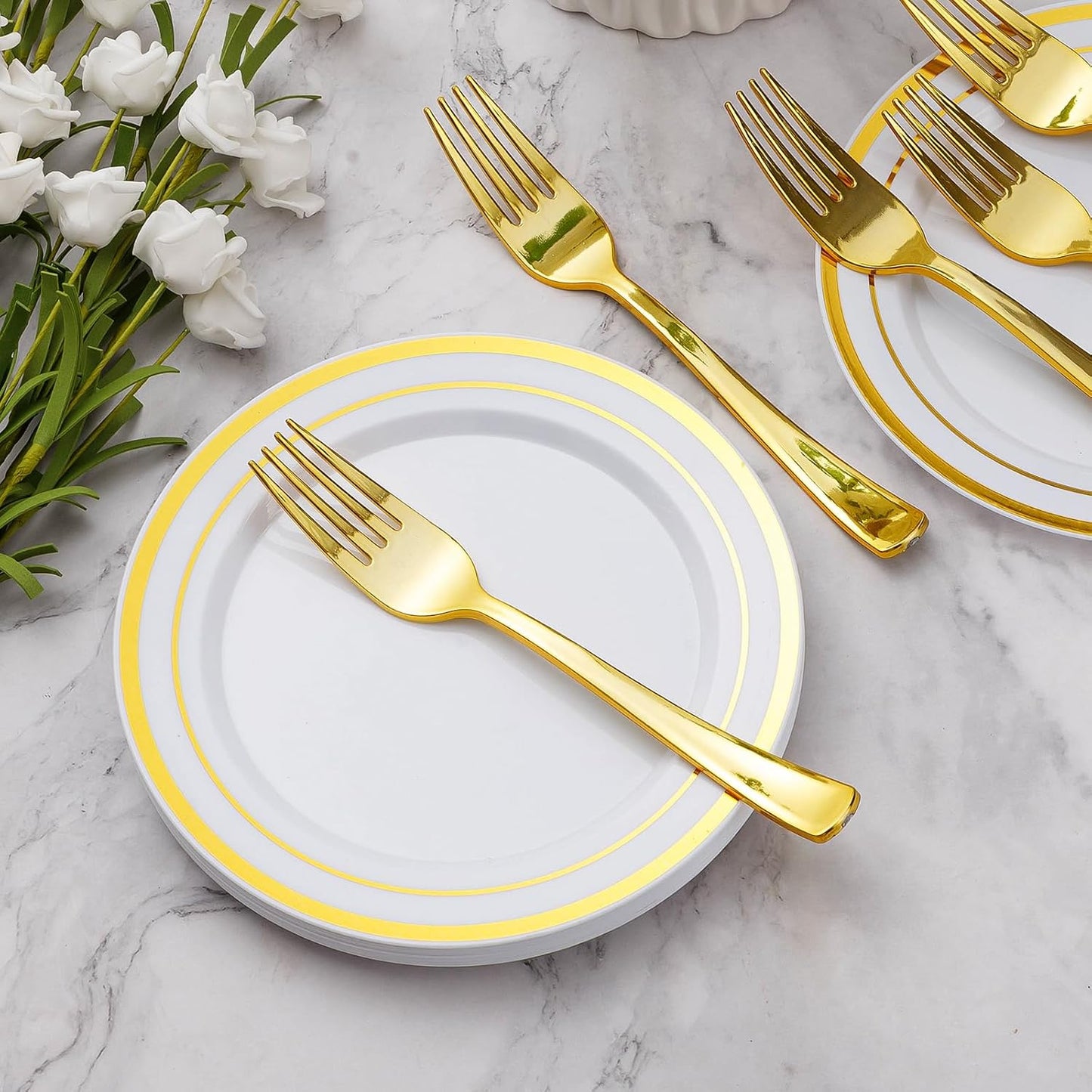 Goodluck 240PCS 7" Gold Dessert Plastic Plates with 7.4" Forks, Gold Appetizer Plates for 120 Guests, Including 120 Disposable Cake Plastic Plates and 120 Forks for Wedding/Birthday Party