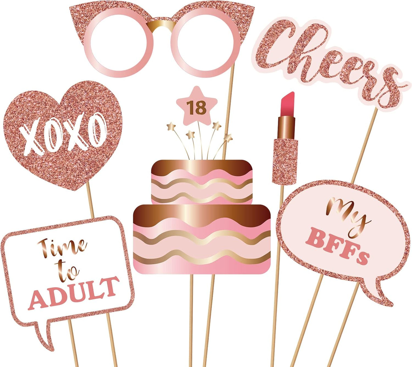 18th Birthday Party Photo Booth Props and Signs, Rose Gold 18 Birthday Party Selfie Props Kit with Sticks for Girls Women, Eighteen 18th Happy Birthday Party Decorations Supplies Favors