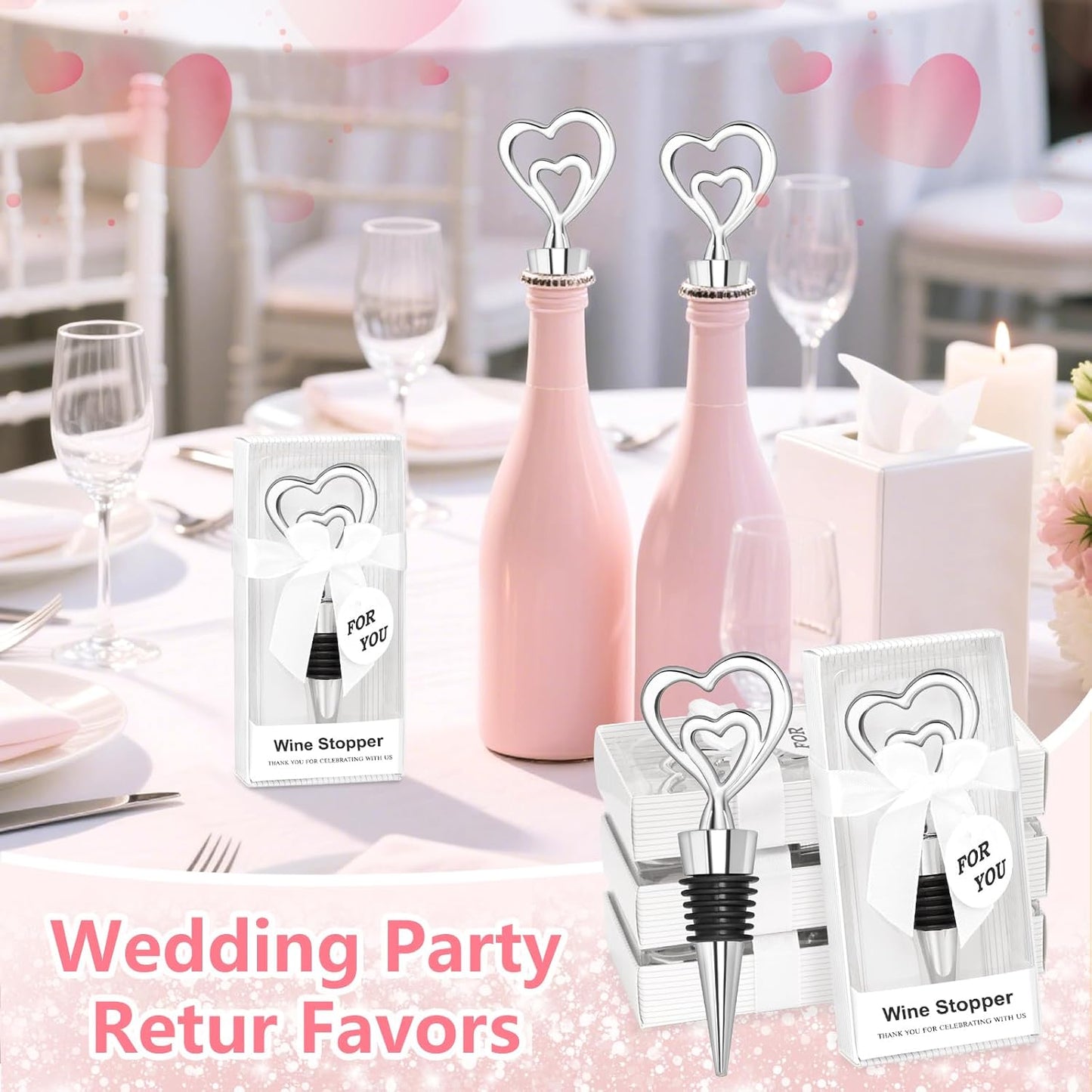 30PCS Double Heart Wine Stoppers for Wedding Favors Bridal Shower Heart Design Party Gifts for Guests Souvenir Decorations with Individual Package