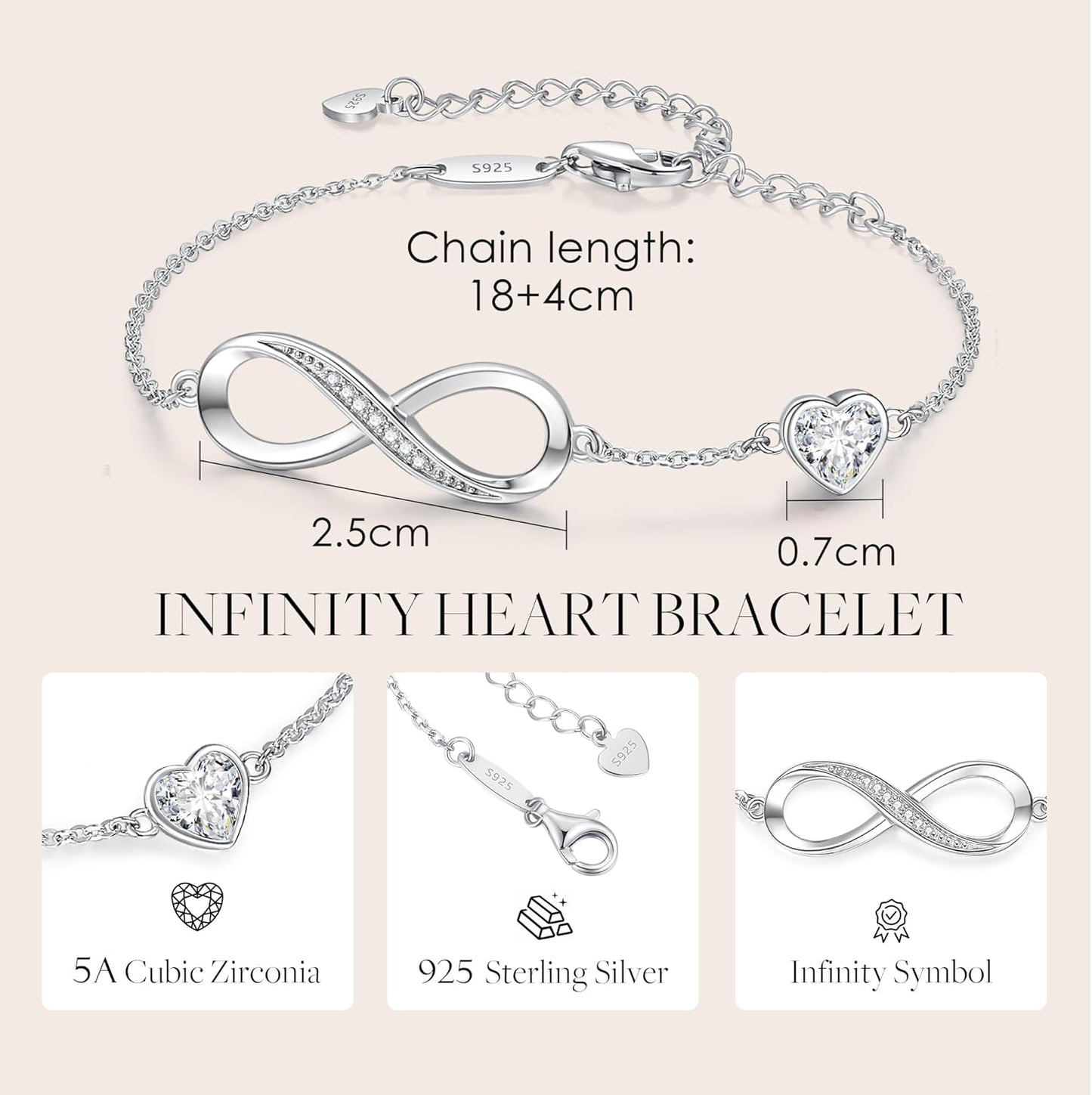 CDE Infinity Heart Birthstone Charm Link Bracelet for Women 925 Sterling Silver Adjustable Mother's Day Christmas Day Gift Anniversary Birthday Jewelry for Wife Girlfriend Her