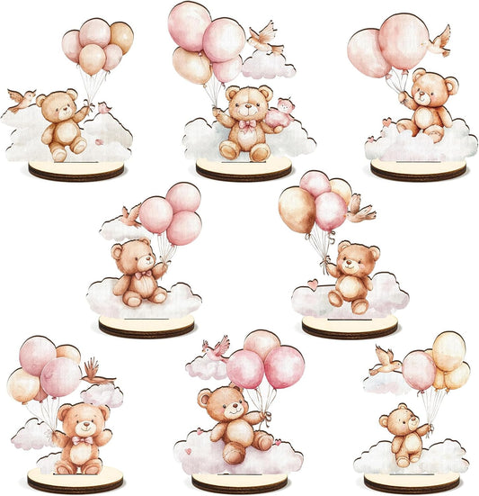 16 Pcs Wooden Baby Shower Table Centerpiece Pink Bear Tabletop Detachable Sign It's A Girl Gender Reveal Table Toppers Display Decoration Bear Birthday Photo Props Party Favor Supplies