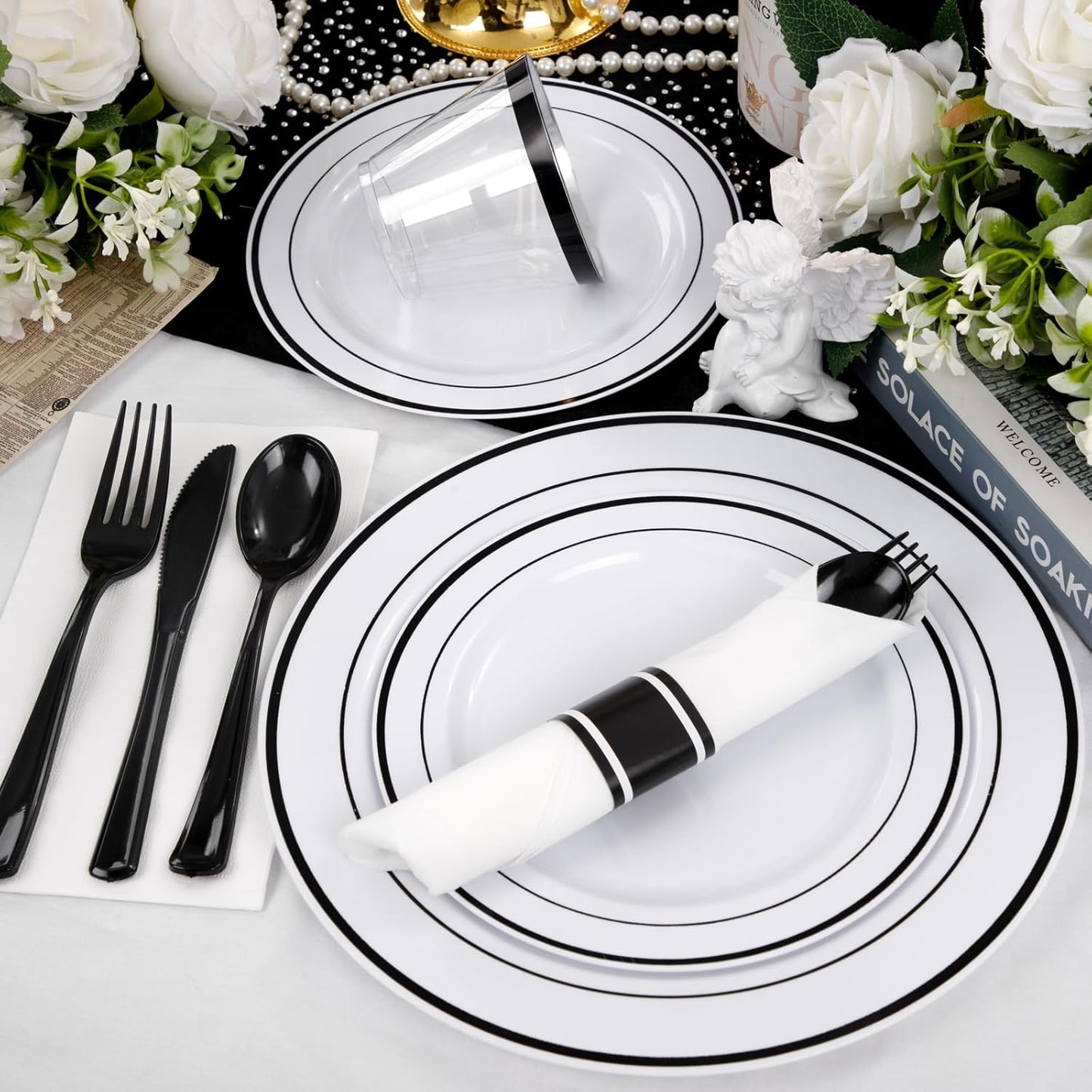 WELLIFE 350Pcs Black Plastic Dinnerware with Pre Rolled Napkins, Include:50 Dinner Plates, 50 Dessert Plates, 50 Paper Napkins, 50 Cups, 150 Plastic Cutlery