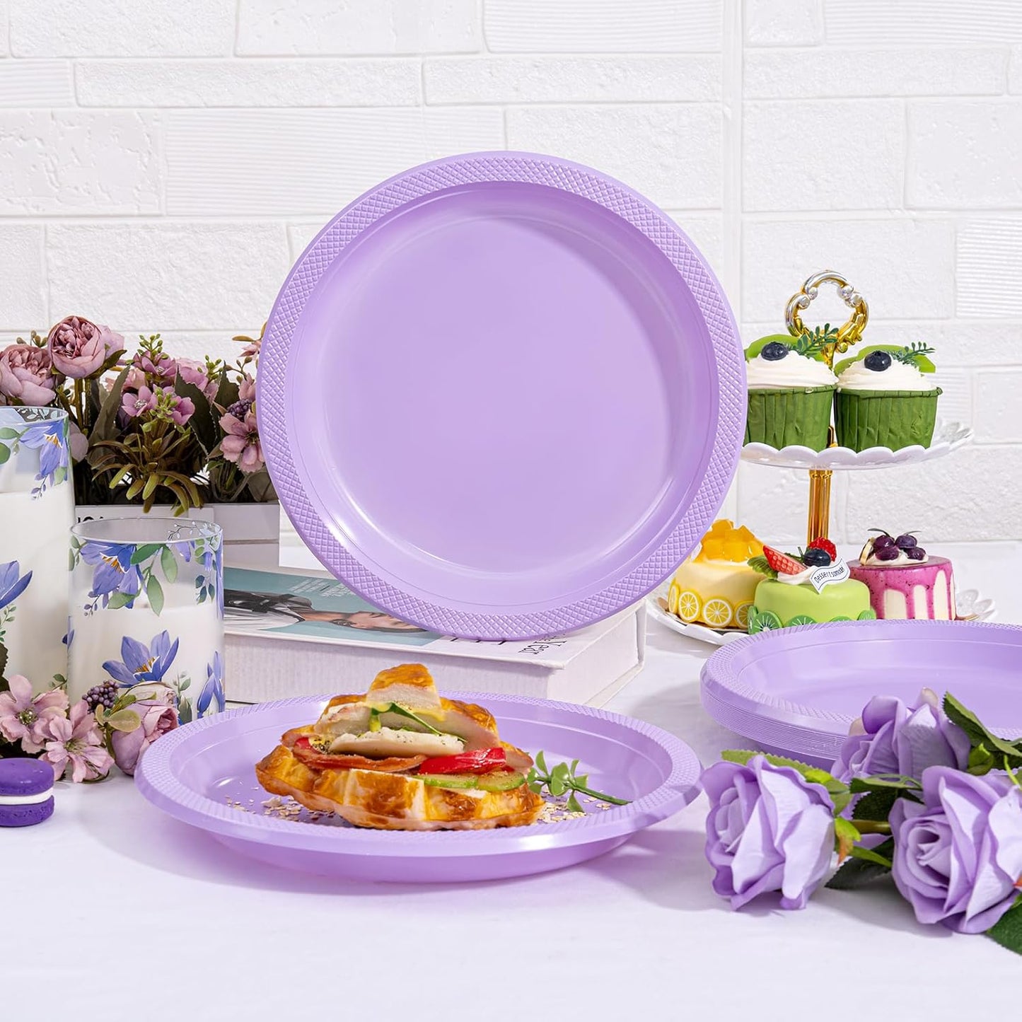 WELLIFE Lavender Party Plates 10 Inch -150 Count, Disposable Plastic Dinner Plates for Party Easter Mother's Day Wedding Birthday Picnic Graduation