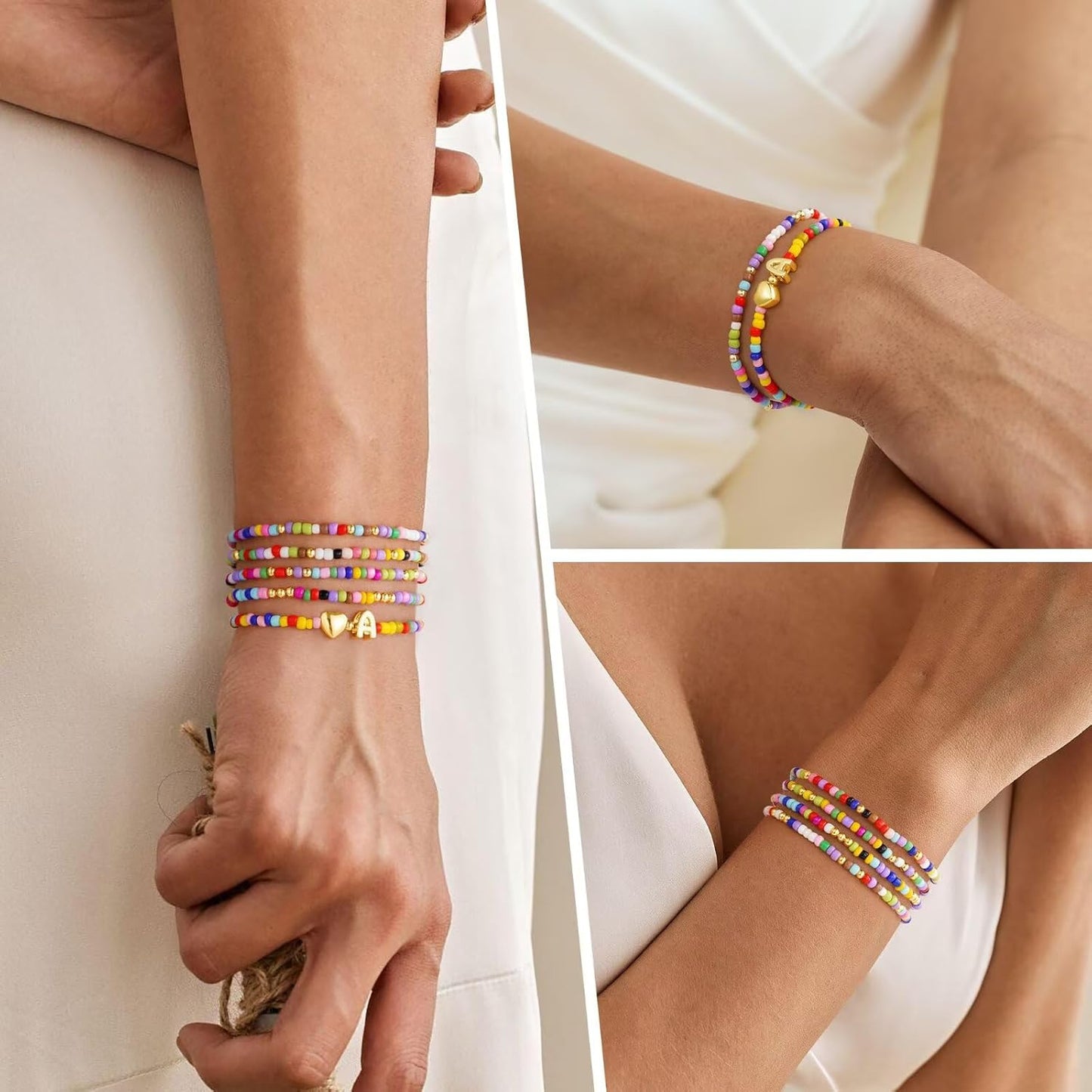 M MOOHAM Stocking Stuffers for Kids Girls Teen - 5PCS Colorful Beaded Initial Bracelets for Women Girls, Cute Stretch Heart Letter Bohemian Stackable Bracelet Birthday Gifts Jewelry for Kids Teen Girl