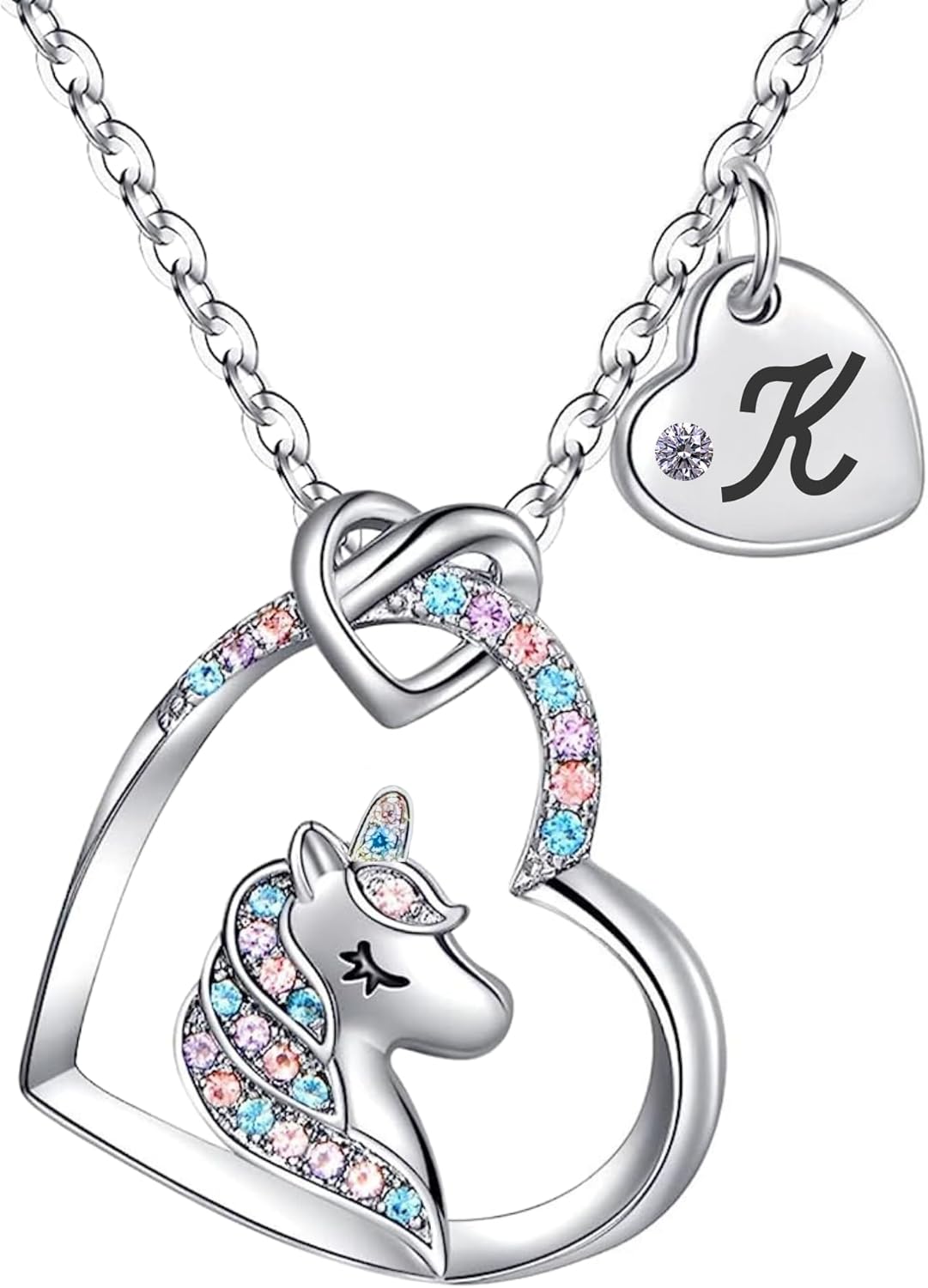 Unicorn Necklace for Girls Kids with Personalized Initial Heart Pendant, 18K Gold Fashion Jewelry for Girls, Colorful Heart Necklace for Birthday Gifts.