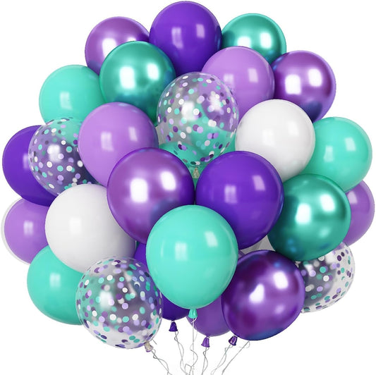 Mermaid Party Balloons 55 Pack, 12 Inch Metallic Purple Teal Blue Turquoise Green White Confetti Latex Helium Balloons Set for Kids Girls Baby Shower Mermaid Theme Birthday Party Decorations Supplies