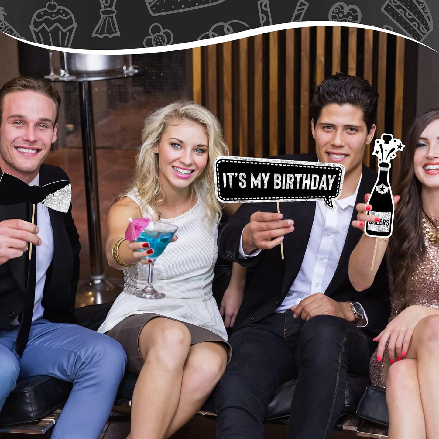 Outus 36 Pcs Birthday Photo Booth Props Kit Happy Birthday Graduation Wedding Party Favors Supplies Bday Party Decor 40th- 50th-60th Photobooth Funny Cute Holiday Selfie Supplies(Silver and Black)