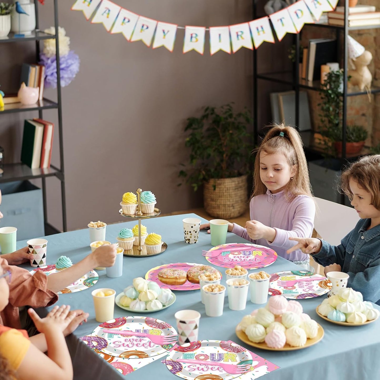 ZOIIWA 200 PCS 4th Birthday Donut Tableware Disposable Four Sweet Plates Napkins Party Supplies Donut Themed Dinnerware Set 4th Birthday Pink Party Baby Shower Decoration Serve 50 guest