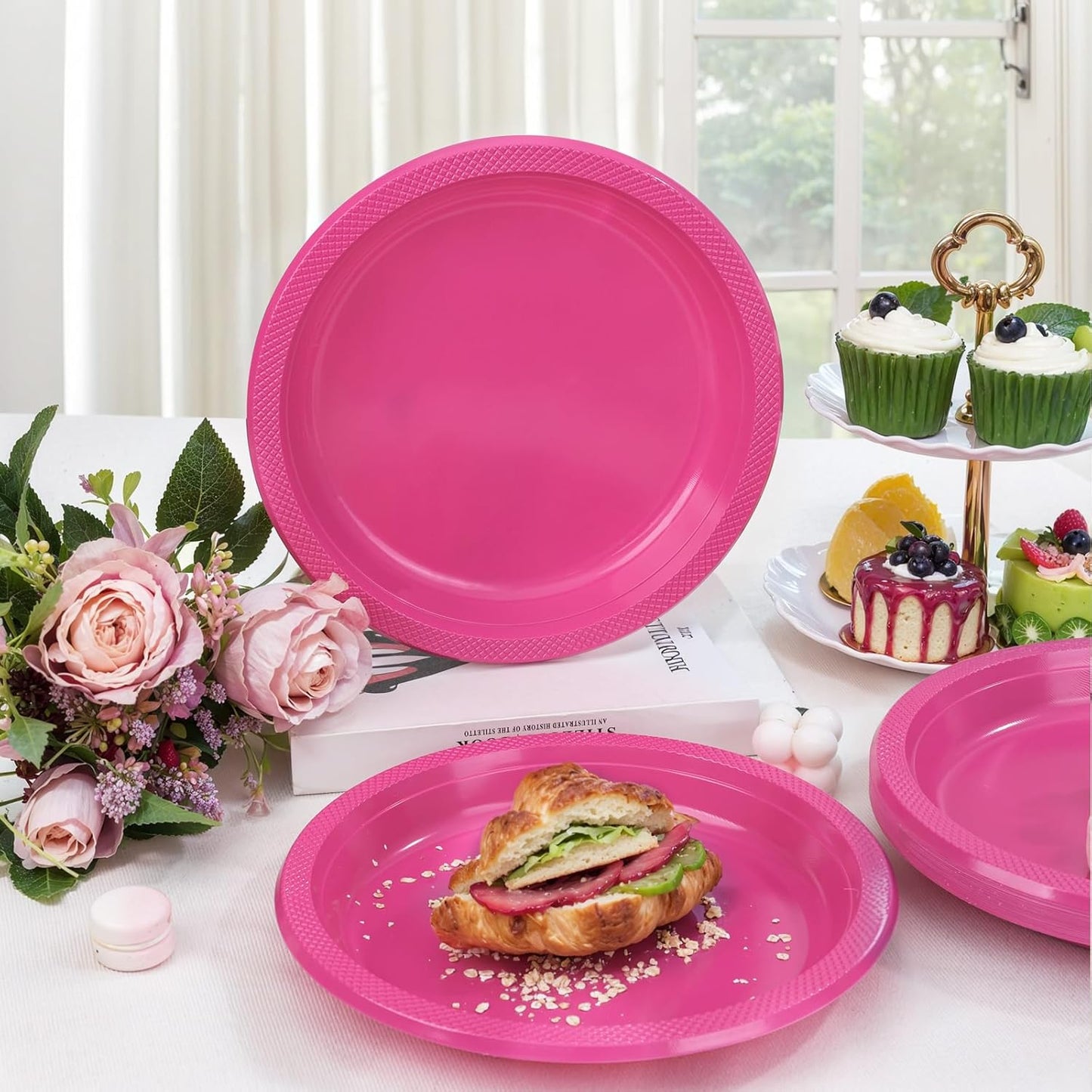 WELLIFE Hot Pink Party Plates 10 Inch -150 Count, Disposable Plastic Dinner Plates for Valentine's Day Girls' Party Easter Mother's Day Birthday Baby Shower Wedding