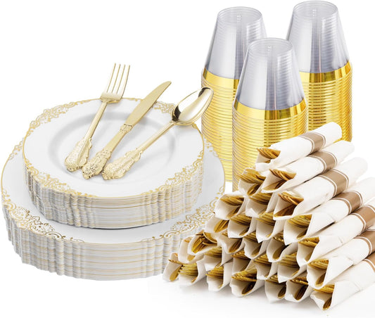 175PCS Gold Plastic Plates for 25 Guests, Disposable Dinnerware Sets Include 50 Gold Rim Plastic Plates, 25 Silverwares, 25 Cups, and 25 Pre Rolled Napkins for Party, Wedding and Graduation