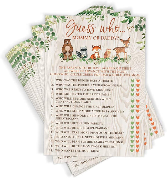 Printed Party Baby Shower Games – Guess Who Mommy or Daddy Game for Boy or Girl, Woodland Forest Animals Theme, 50 Cards