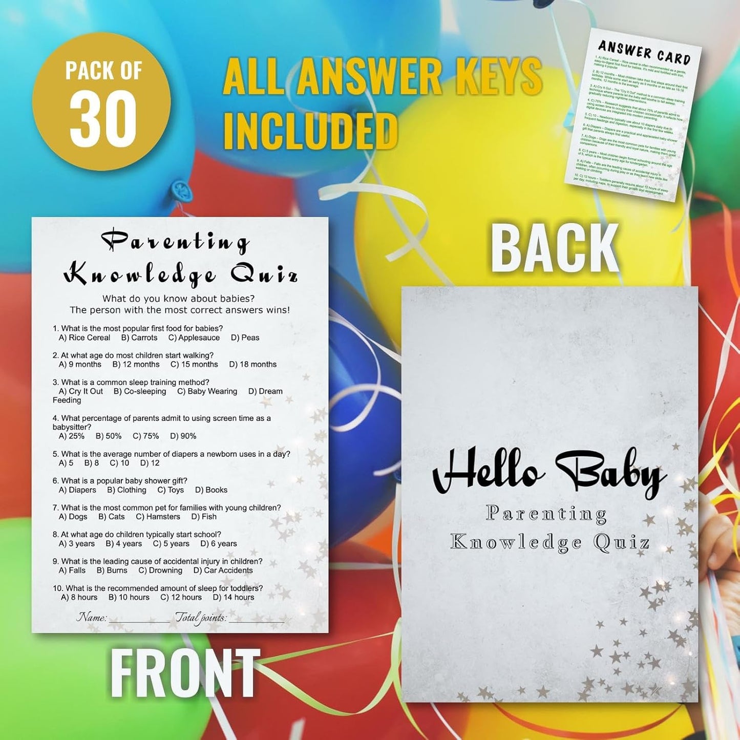 Baby Shower Parenting Knowledge Trivia Game Cards - 30 Players Minimalist Party Game Light Gray Stars Ready to Play Instant Fun Answer Keys Included 5x7 Inch (Knowledge Quiz)