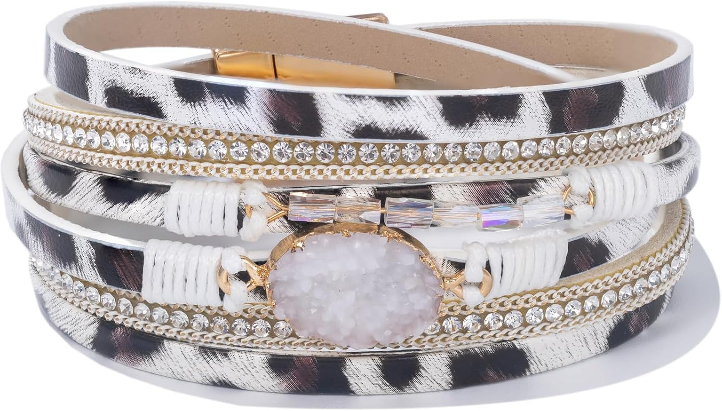 FANCY SHINY Leather Wrap Bracelet Boho Cuff Bangle Bracelets Crystal Bead Bracelet with Magnetic Clasp Jewelry Gifts for Women