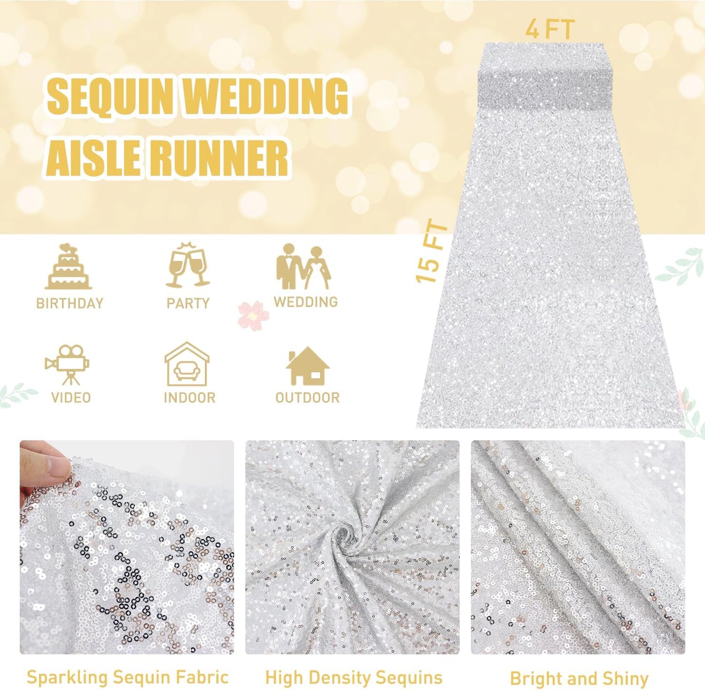 FUHSY Aisle Runners Silver Carpet Runner for Prom 4FT x 15FT Sparkly Wedding Runway Rug with Carpet Tapes Sequin Wedding Runner Aisle for Party Aisles Decorations