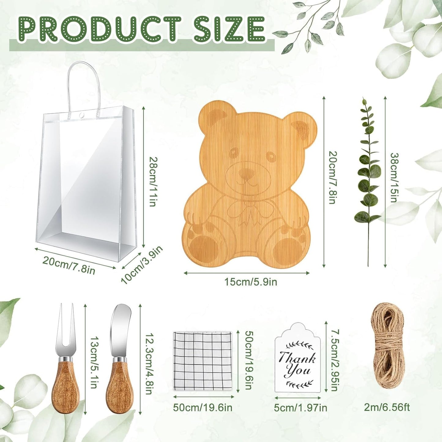 43 Pcs Baby Shower Game Prizes for Winners 6 Sets Baby Shower Prizes Wedding Bridal Favor with Bamboo Bear Shape Cheese Board Oak Cutlery Placemats Artificial Eucalyptus Stems Tags Bags