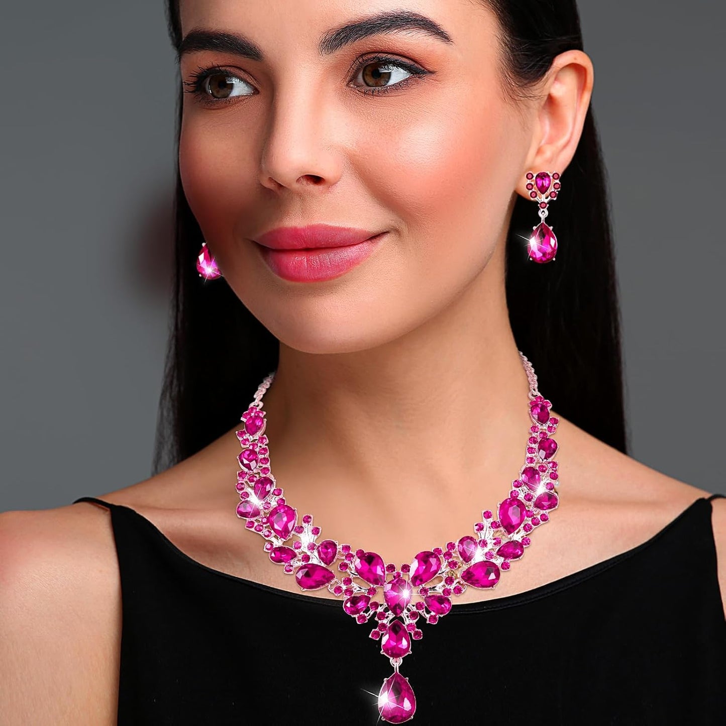 Hicarer Bridal Teardrop Cluster Crystal Jewelry Set for Women Necklace Earrings Wedding