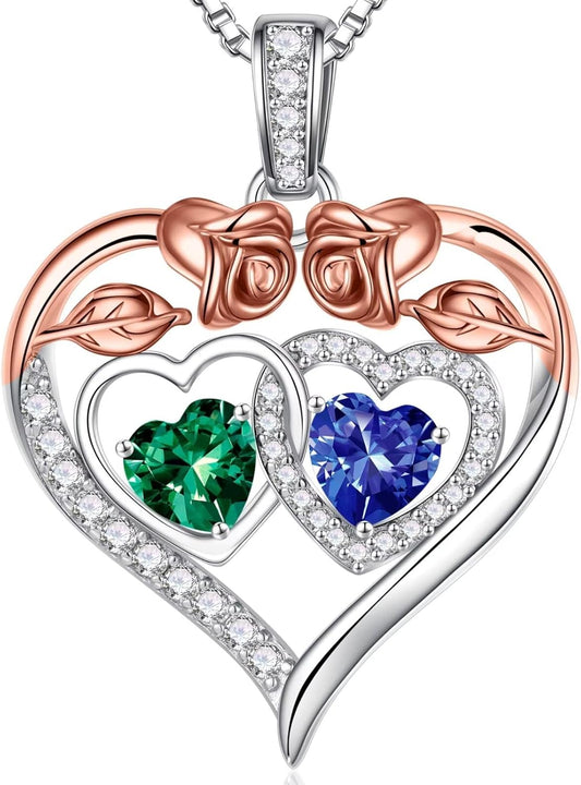 Iefil Double Birthstone Necklace Gifts for Wife Girlfriend Her Women, Birthstone Jewelry Gemstone Valentines Birthday Gifts for Her Women Wife Mom Grandma