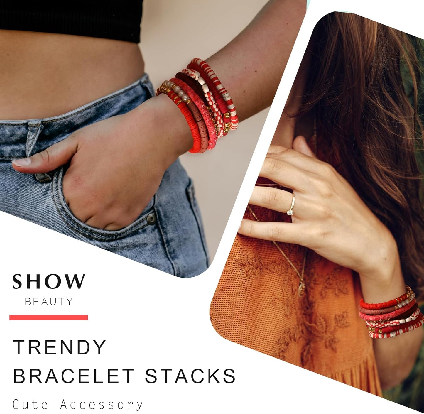 Friendship Bracelets Trendy Heishi Clay Bead Bracelets Stack Gold Beaded Stretch Bracelets for Women Boho Stackable Bracelets Bulk Cute Preppy Jewelry