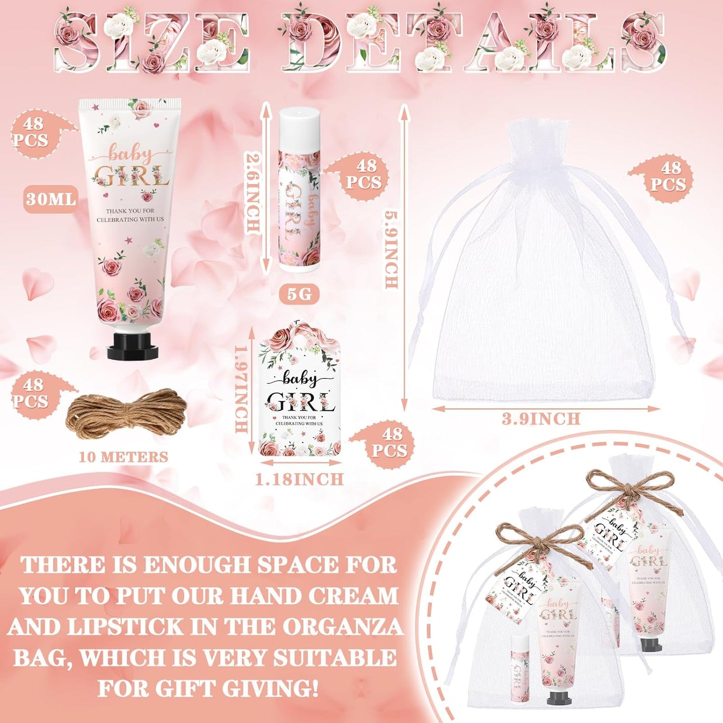 48 Sets 192 Pcs Baby Shower Gifts for Guests Include 48 Hand Cream and 48 Lip Balm Bulk Baby Girl Bridal Shower Party Favors Wedding Thank You Gift for Guests with Card Organza Bag Travel Size