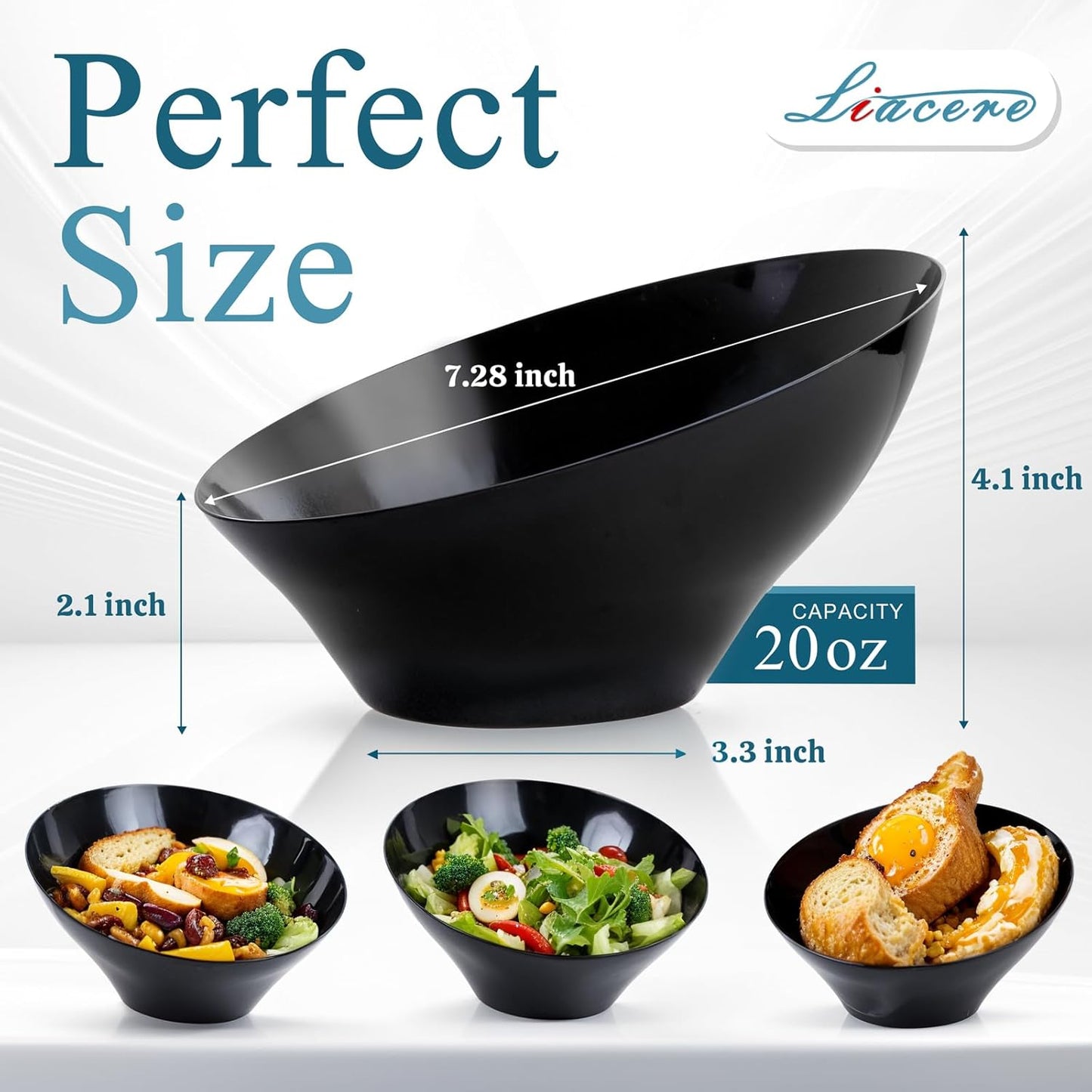 Liacere 16 Pack Black Plastic Bowls - Black Serving Bowls - 20 OZ Angled Bowl Disposable for Chip,Candy,Salad and Fruit - Ideal for Wedding & Party & New Year