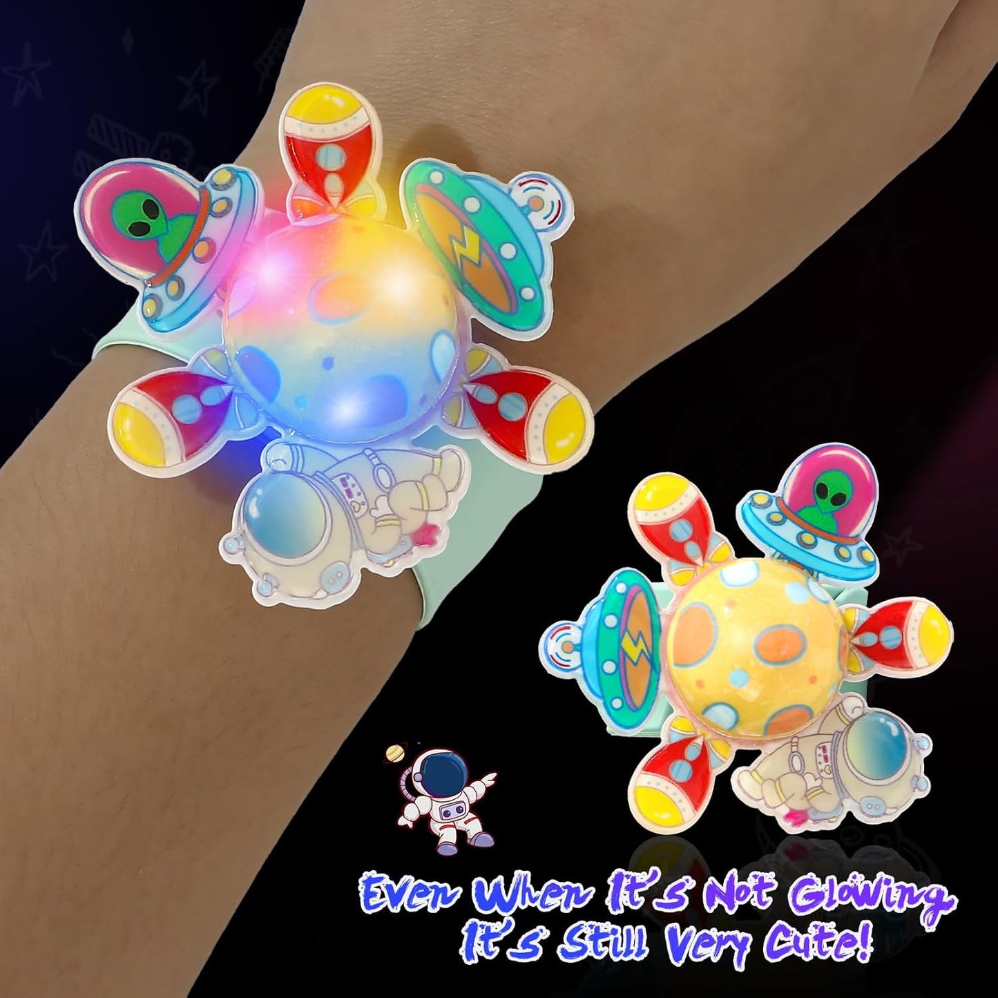 12Pcs LED Light Up Rotating Slap Bracelets Space Party Favors Glow Bracelets, Glow In The Dark Party Supplies Planet Astronaut Birthday Gifts Goodie Bag Stuffers Classroom Rewards for Kids Boys Girls