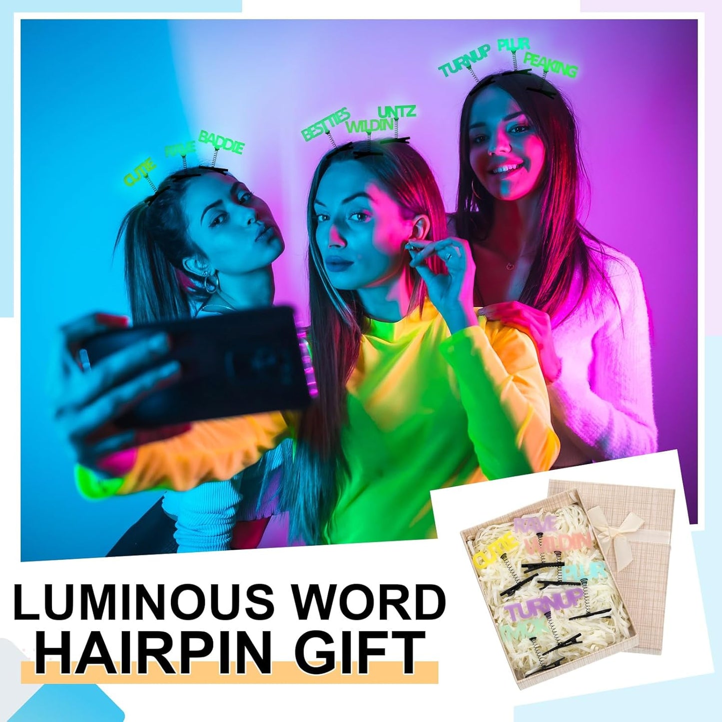 60 Pcs Mini Glow Hair Clips Girls Rave Hair Clips for Women Christmas Music Festival Holiday Party Supplies (Words)